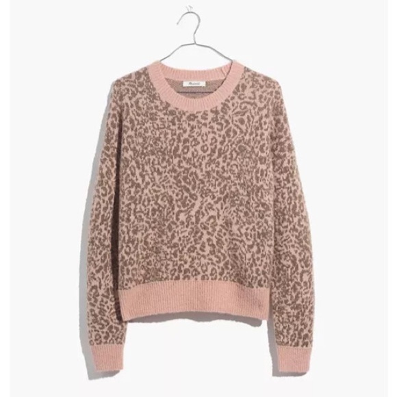 Madewell Shrunken Pullover Sweater in Leopard Tan Pink Meriono Wool Medium - Picture 4 of 9